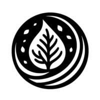Black and White Circular with a Leafy Tree Silhouette in a TearDropShaped , Surrounded by Smaller Floating Leaves, evoking EcoFriendliness. vector