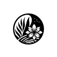 Minimalist Black and White Floral Scene A circular of a flower, foliage, and night sky, evoking tranquility. vector