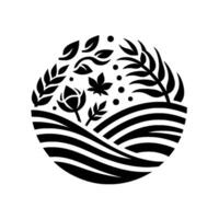 Stylized Black and White Circular Depicting Diverse Plants and Crops Above Rolling Fields. vector