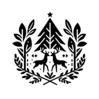 Minimalist symmetrical winter holiday emblem with two deer under a startopped stylized pine tree and surrounding folliage, black on white. vector
