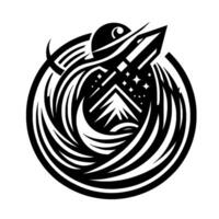 Black and White stylized illustration of a rocket launching through a swirling vortex with a planet, mountains, and stars. vector