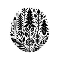 Black and white circular forest with stylized trees, berries, and leaves, in a minimalistic, flat, geometric folk art style on a white background. vector