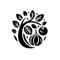 Black and white illustration of a stylized tree with leaves, figs, and fruit arranged in a circular . vector