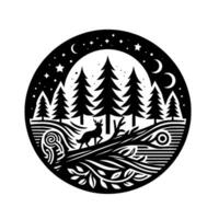 Circular black and white forest illustration featuring a deer on a fallen log under a starry night sky with fir trees and crescent moons. vector