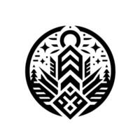 Geometric Black and White Circular Emblem Mountain Peaks, Stars, and Crescent Moon over Abstract Forest Elements. vector