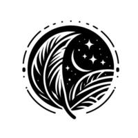 Serene Black and White Celestial Feather, Moon, and Star Composition within Circular Frame. Minimalist and Symbolic. vector