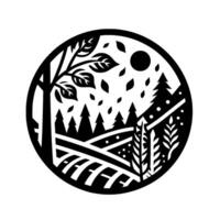 Black and White Cut Paper Landscape within a Circle Trees, Rolling Hills, Falling Leaves, and a Moon. vector