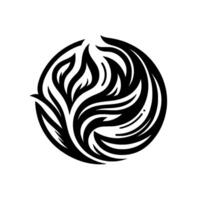 Abstract black and white of stylized, swirling plantlike forms contained within a circular outline, evoking a sense of growth. vector