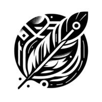 Stylized black and white feather within a circular frame, showcasing geometric patterns, gradients, and dotwork texture. vector