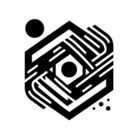 Geometric Black and White Composition Featuring Hexagonal Interwoven Lines, Circles, and Abstract Forms. vector