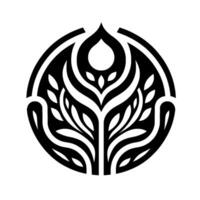 Black and White Emblem OrganicGeometric of a stylized tree within a circular frame, symbolizing nature and growth. vector