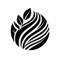 A minimalist, black and white featuring stylized leaves atop a spherical shape composed of curved, organic stripes, suggesting growth and nature. vector