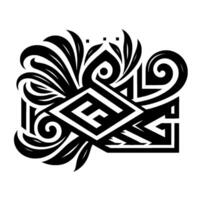 Symmetrical Black and White Decorative Featuring Intricate Geometric Shapes, Swirls, and Leaf Motifs on a White Background. vector
