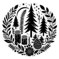 Black and white circular illustration of a serene forest scene, featuring pine trees, logs, foliage, moon, stars and a pine cone. vector