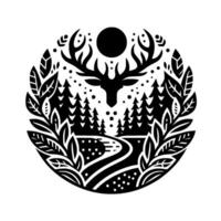Black and white circular illustration of a stag with large antlers centered above a forest scene, featuring a winding path and framed by foliage, under a full moon. vector