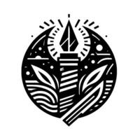 Black and white stylized emblem depicting a lighthouse, pen nib, leaves, and crescent within an oval frame, stars. vector