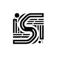 Abstract Black and White Geometric Composition with a Swirling Central Element within a Square Frame, Representing the letters IS. vector
