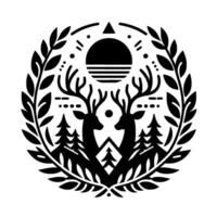 Symmetrical black and white forest emblem featuring two deer silhouettes facing each other, surrounded by leaves and trees, with a stylized sun and triangle. vector