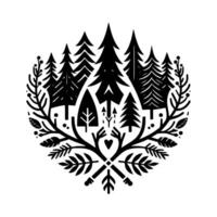 Intricate Black and White Illustration Forest Emblem with Trees, Branches, Heart, and Leaves in Circular . vector