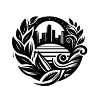 Abstract black and white circular depicting a cityscape with organic leaf and water elements, evoking balance and growth. vector