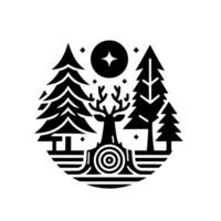 Geometric Black and White Emblem Featuring Stag, Forest Trees, and Starry Night within a Circular vector