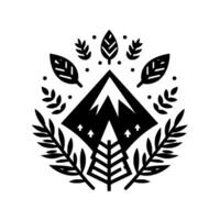 Black and white minimalist nature emblem with a central mountain peak, flanked by trees, leaves, and branches, creating a symmetrical , with a circle pattern vector