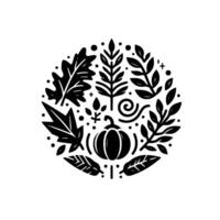 Circular Minimalist Autumnal Composition featuring a Pumpkin and Various Leaves in Black White vector