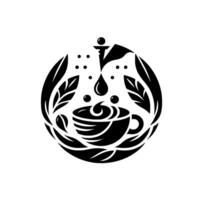 Symbolic black and white coffee featuring a cup, pouring element, leaves, and a coffee bean, arranged in a circular . vector