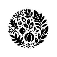 Black and White Autumnal Composition Circular Arrangement of Leaves, Pumpkin, Berries and Floral Elements in a Simple, Stylized . vector