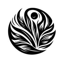 Abstract Black and White Floral Motif in a Circle, Crescent Moon Above, Organic, Patterned, Elegant. vector
