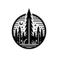Black and White Circular of Forest Landscape with Coniferous Trees, Moon, Stars, Grass, and Horizon Lines. vector