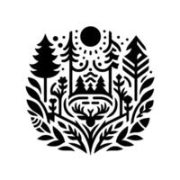 Stylized black and white forest emblem featuring a stag, trees, sun, and flora, creating a balanced and symmetrical . vector