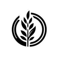 Minimalist black and white featuring a stylized plant with leaves within a doublelined circle, representing nature and growth. vector
