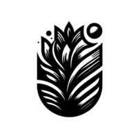 Abstract black and white plant emblem within a stylized arch, with a dot, and a sun, modern botanical . vector