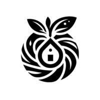 Abstract Black and White Featuring a HouseShaped Water Droplet with Leaves, Encircled by Swirling Lines, Representing Nature and Home. vector