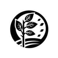 Black and white minimalist illustration of a plant inside a circle, featuring leaves and a minimalistic landscape. vector