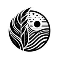Stylized Black White Circle Composition Leafy Element, Sun, Wavy Lines, Dot Pattern, Minimalist . vector