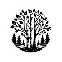 Stylized black and white illustration of a forest scene within a circle, showcasing trees, leaves and growth ruler. vector