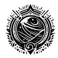 Circular Black and White Astral Symbol Swirling Galaxy within a Detailed Geometric Frame, Stars and Foliage Elements. vector