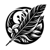Black and White Decorative Composition Stylized Feather with Floral Wave Elements inside a Circle, Art. vector