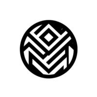 A symmetrical black and white geometric , a stylized circular emblem with intersecting lines and a central diamond shape, on a white background. vector