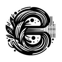 Abstract Black and White Circular Composition featuring a Stylized Letter S Surrounded by Leaf Elements and Geometric Patterns on White Background. vector