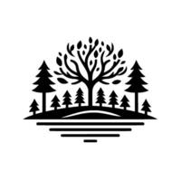 Minimalist Black and White Forest Large Leafy Tree Surrounded by Pine Trees on a Curving Landscape, with a Linear Water Feature Below. vector