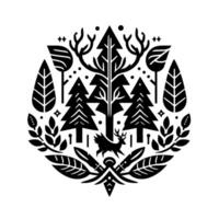 A stylized, symmetrical black and white illustration of a forest scene with trees, deer, and foliage, arranged in a circular . vector