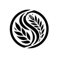 Black White Circular Emblem Flowing, Leaflike Within a Circle, Minimalist, Decorative, Symbolic. vector