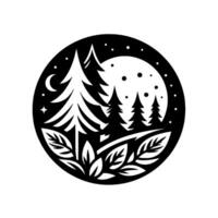Black and White Circular Illustration Forest Scene with Crescent Moon, Stars, and Pine Trees with a moonscape background, contrasted against stylized leaves. vector