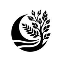 Abstract black and white featuring a stylized tree with leaves and branches, encapsulated within a crescent and wave on white. vector