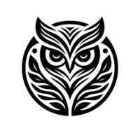 Striking Black and White Geometric Owl in a Circle, Minimalist with Leafy Accents, Isolated on White. vector