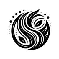 Intricate black and white stylized floral in a circular shape with swirling lines and dotted accents. vector