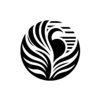 A stylized circular featuring a birdlike form, created with black and white, evoking natural motifs and a sense of balance. vector